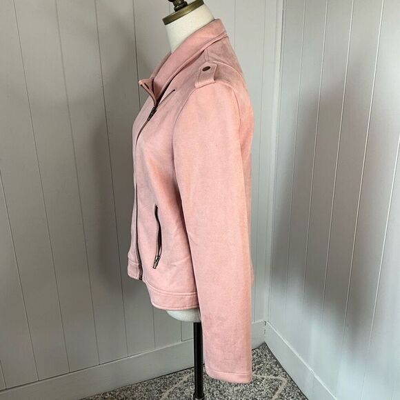 Justfab Womens Medium Faux Suede Moto Jacket Pink Asymmetrical Zipper Stretch - Picture 10 of 16